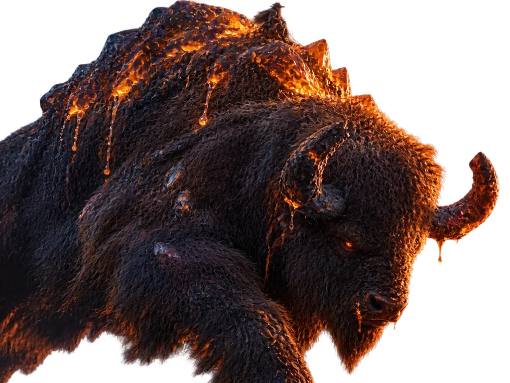 Old Furnace, bison raksasa dengan punuk starglass yang meleleh jingga, menyeruduk ke kanan
