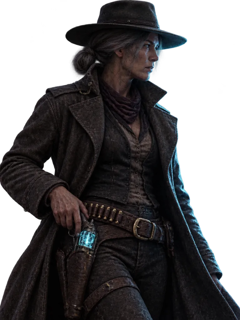 Ruth Ardley berdiri dengan duster terbuka, tangan di revolver bersilinder kaca, menatap ke kanan